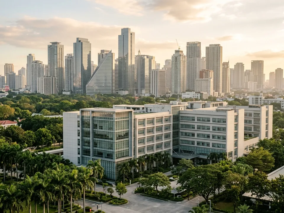 A modern hospital building in Manila with the Makati skyline behind