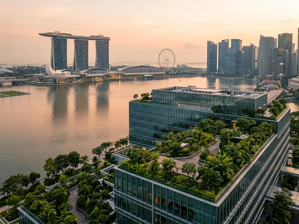 A modern hospital building with rooftop gardens and Singapore's Marina Bay skyline