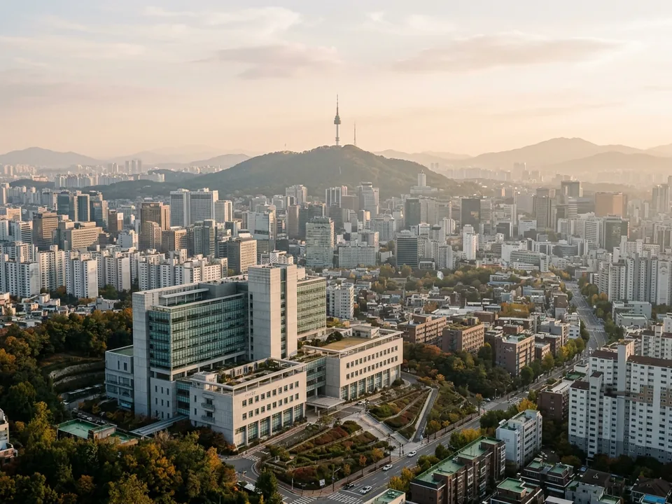 A modern hospital building in Seoul with Namsan Tower on the skyline