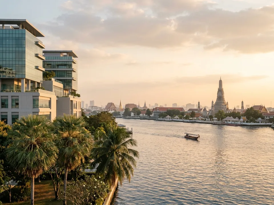 A modern hospital building with palm trees on Bangkok's riverside and temple spires across the river