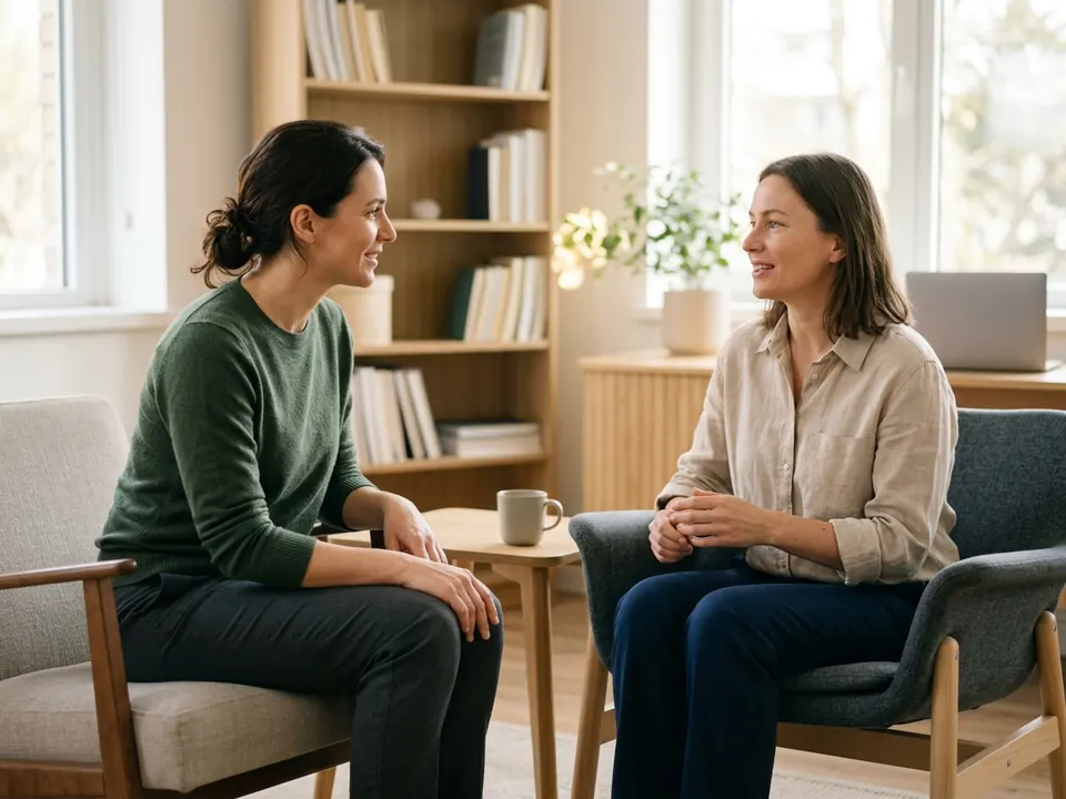 A therapist engaged in a supportive conversation with a patient in a quiet counseling room.