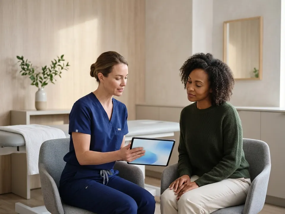 A plastic surgeon consulting with a patient about body contouring options.