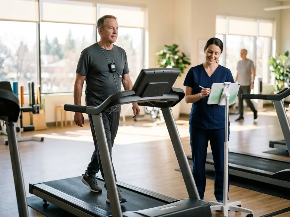A physical therapist assisting a patient during a cardiac treadmill exercise session.