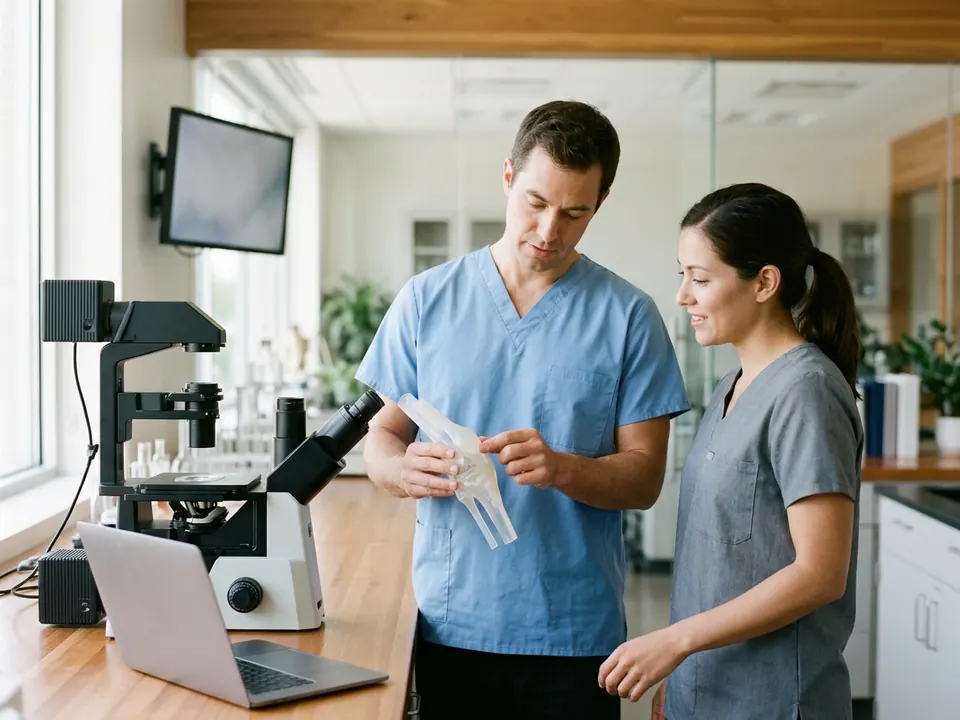 A researcher studying a joint model near a microscope in a modern facility.