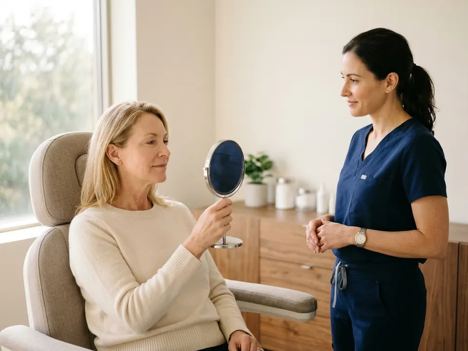 A facial plastic surgeon examining a patient's cheek during a consultation.