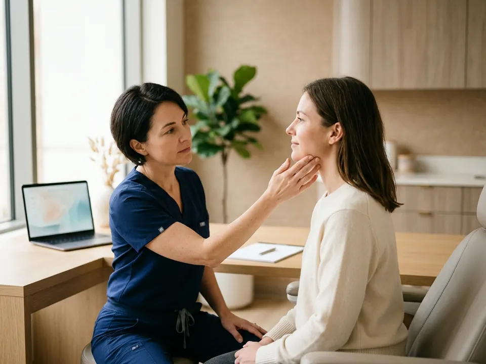 A facial plastic surgeon examining a patient's chin profile in a modern clinic office.