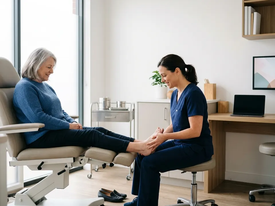 A podiatrist inspecting a patient's foot in a modern medical office.