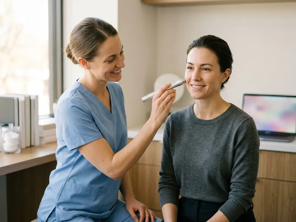 An aesthetic specialist holding a dermabrasion device near a woman's cheek during a consultation.