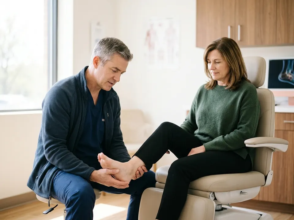 A podiatric surgeon examining a patient's foot while they sit in a consultation room.