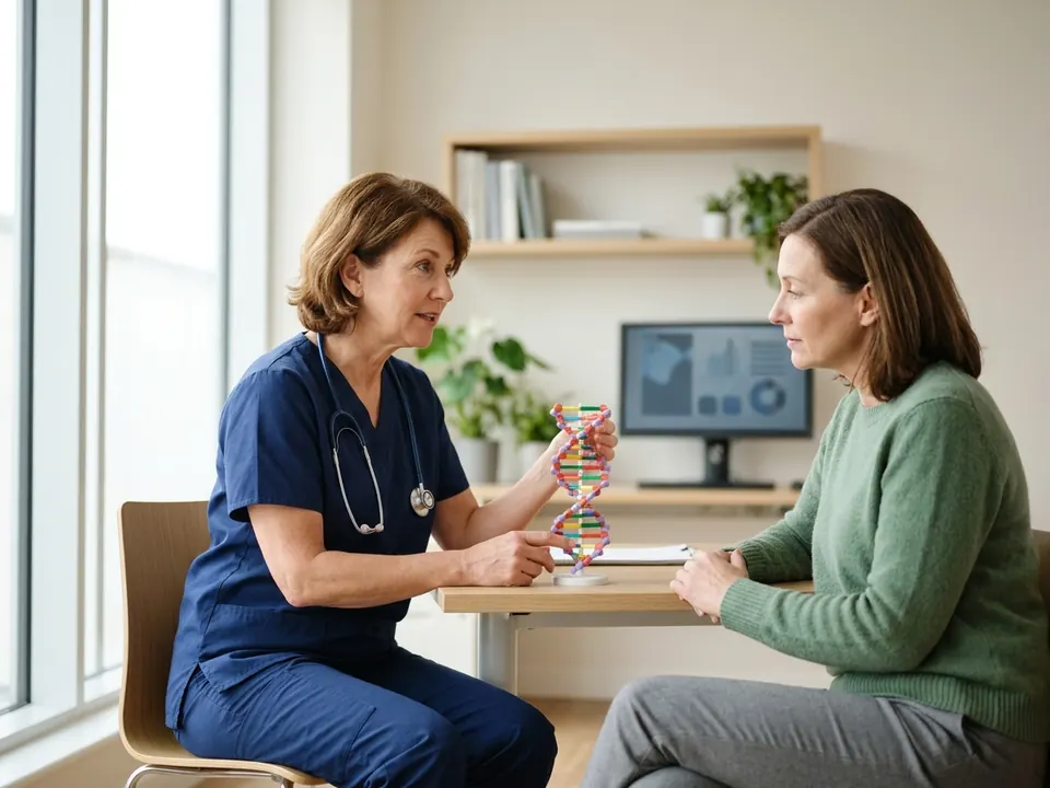An oncologist holding a DNA model while speaking with a patient in a consultation room.