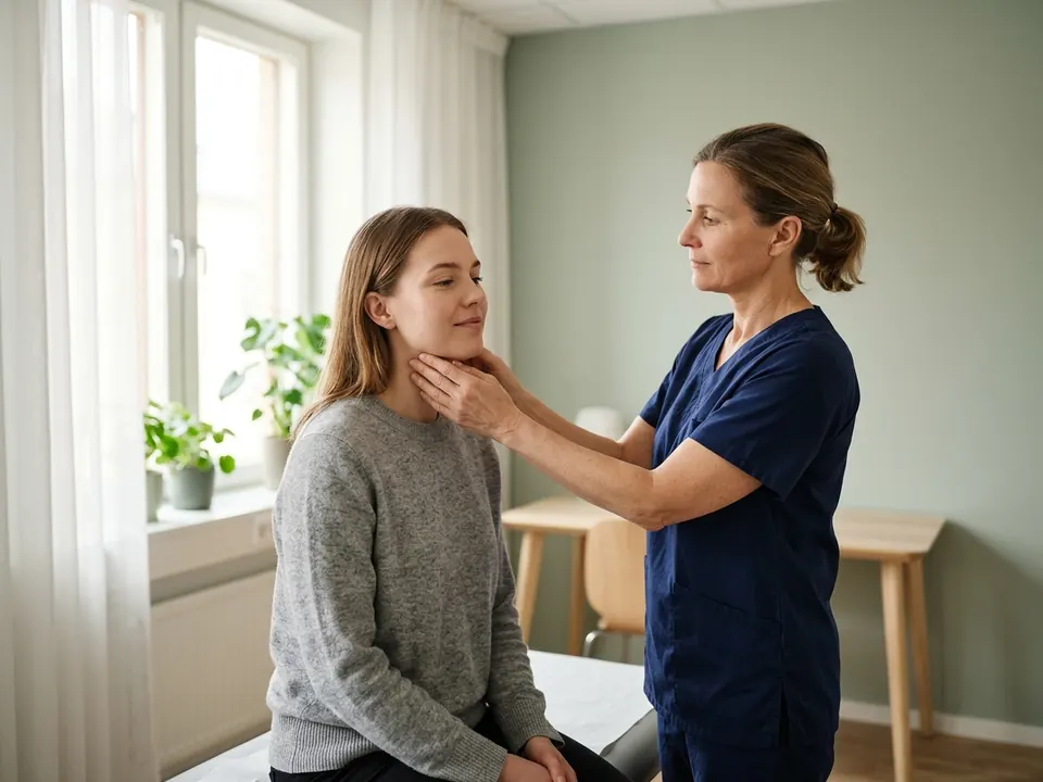 An ENT specialist gently examining a patient's neck in a sunlit clinical office.
