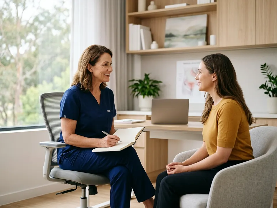 A gynecologist speaking with a woman in a private, comfortable consultation room.