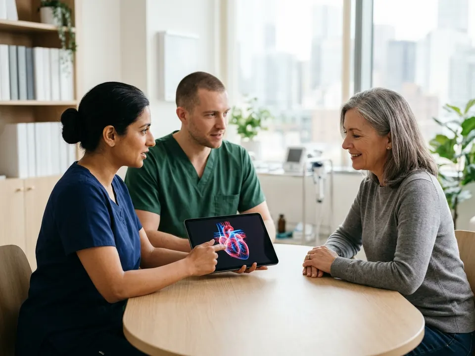 Doctors discussing stem cell cardiac therapy options with a patient in a consultation room.
