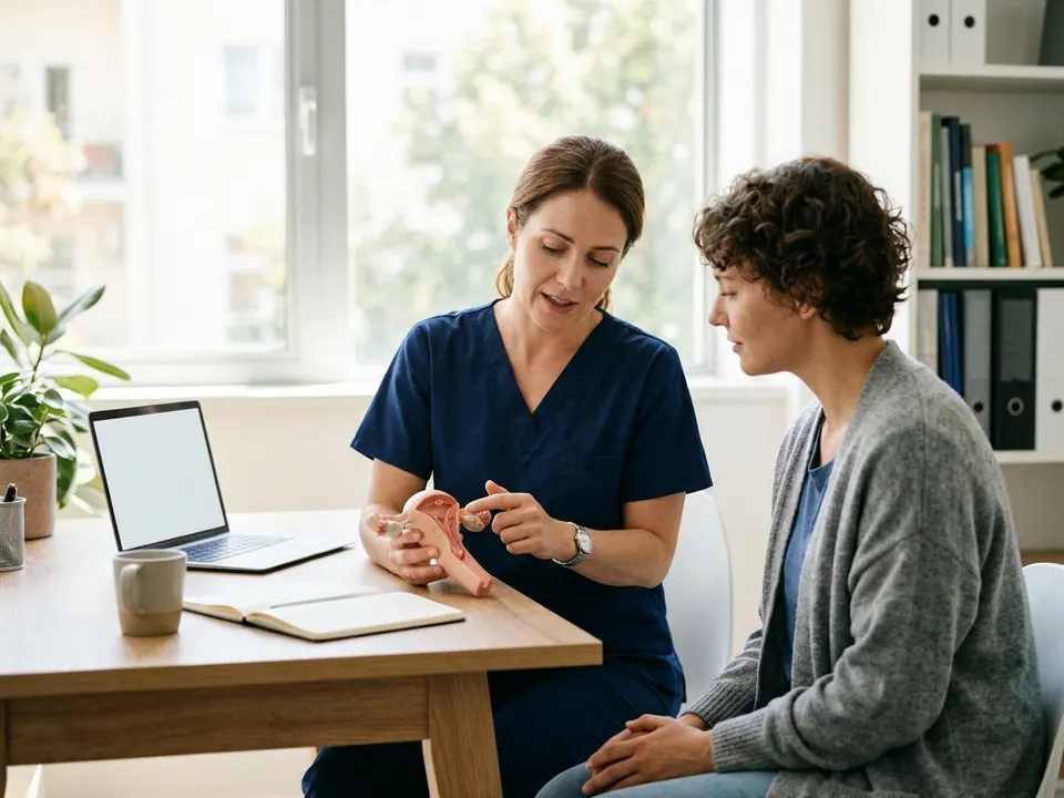 A gynecologist holding an anatomical model of a uterus during a patient meeting.