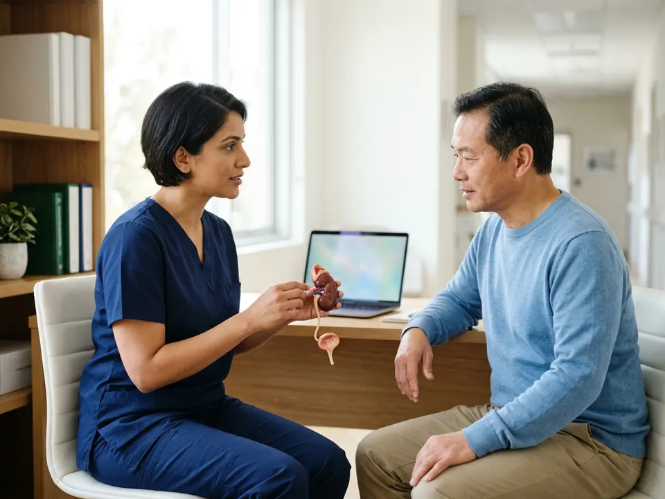A urologist holding a realistic anatomical kidney model during a patient appointment.