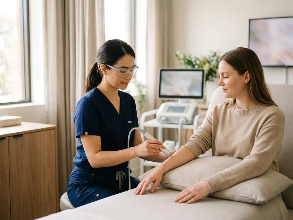 A specialist holding a laser therapy device over a patient's forearm in a bright treatment room.