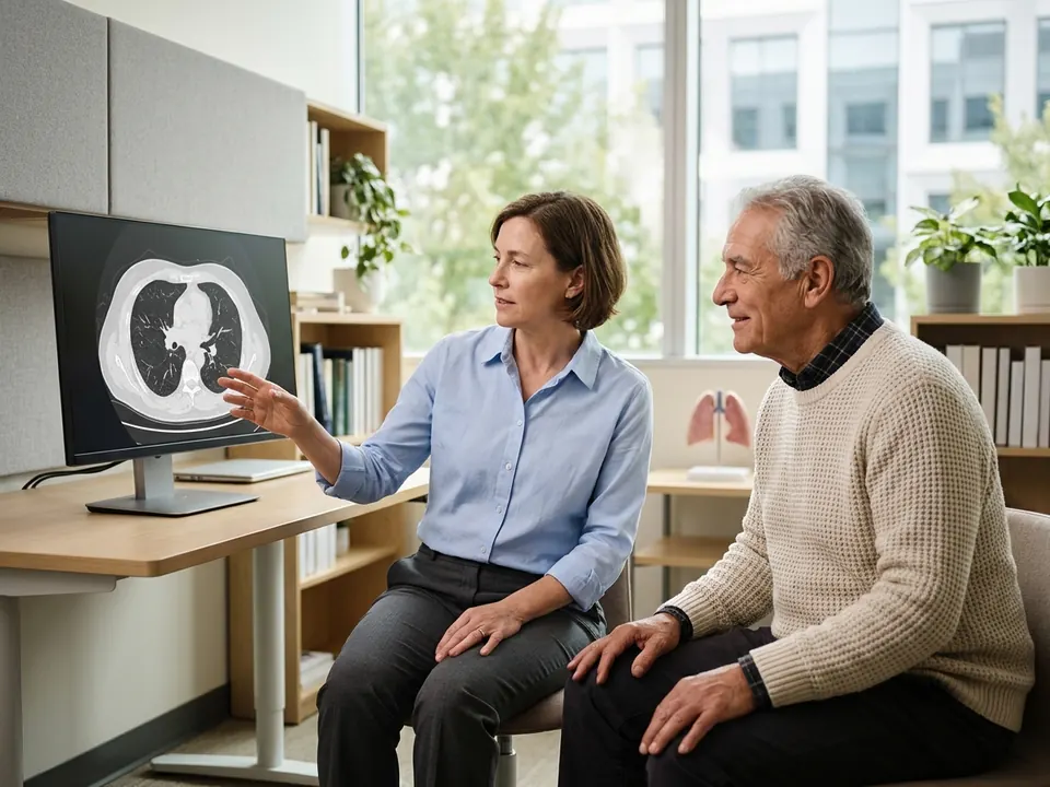 A pulmonologist examining chest scan images alongside a patient in a consultation room.
