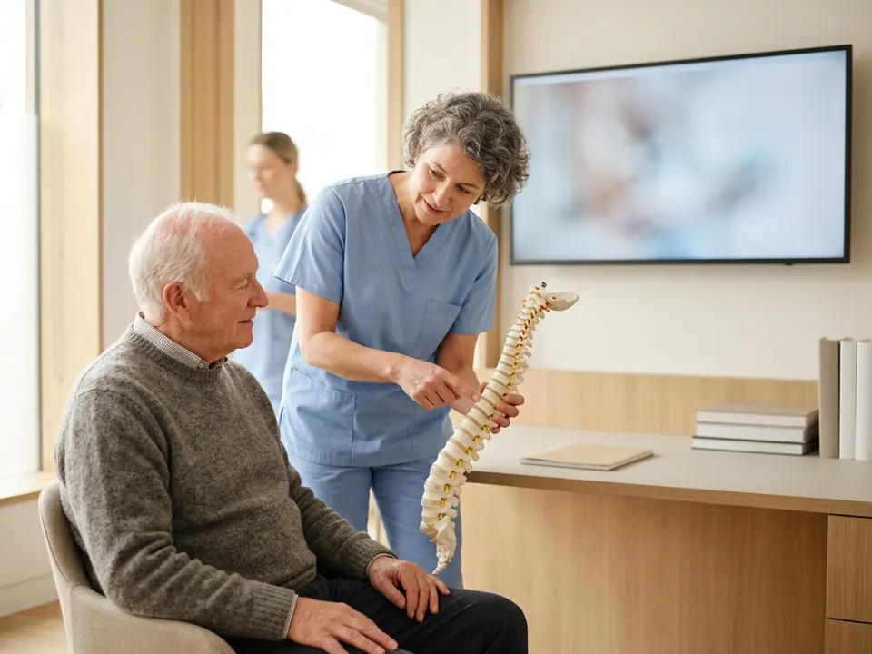A neurosurgeon showing a spine anatomical model to a patient during a consultation.