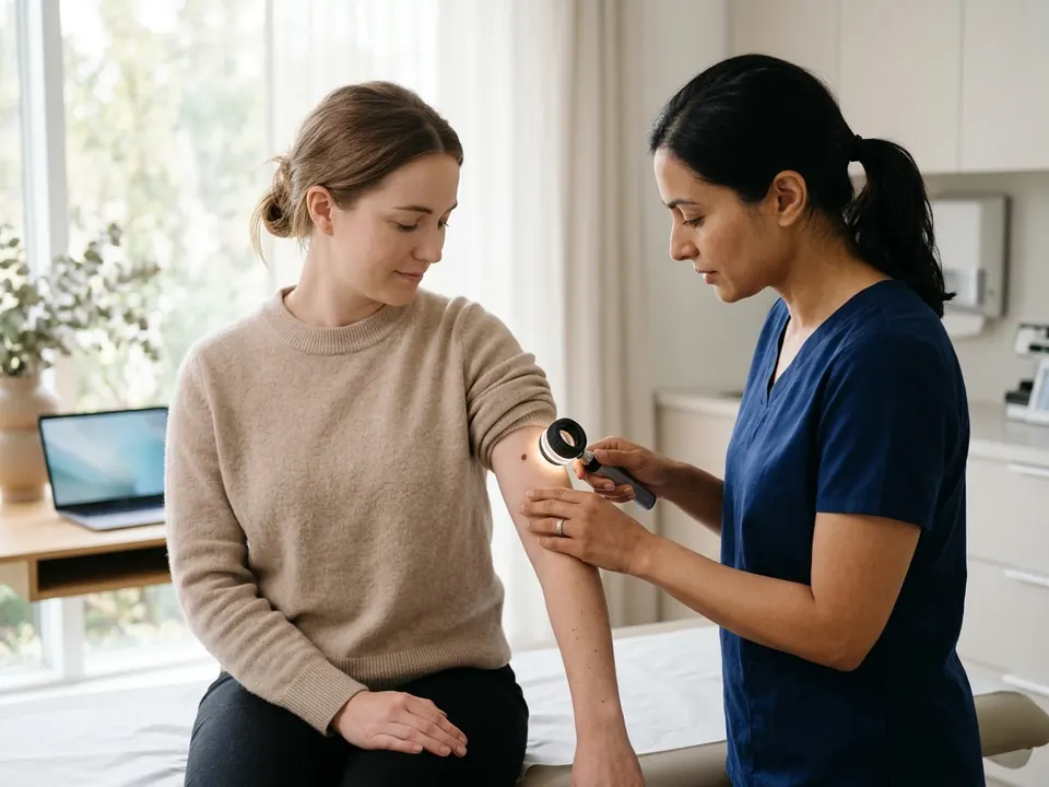 A dermatologist examining a mole on a patient's arm with a hand dermatoscope.