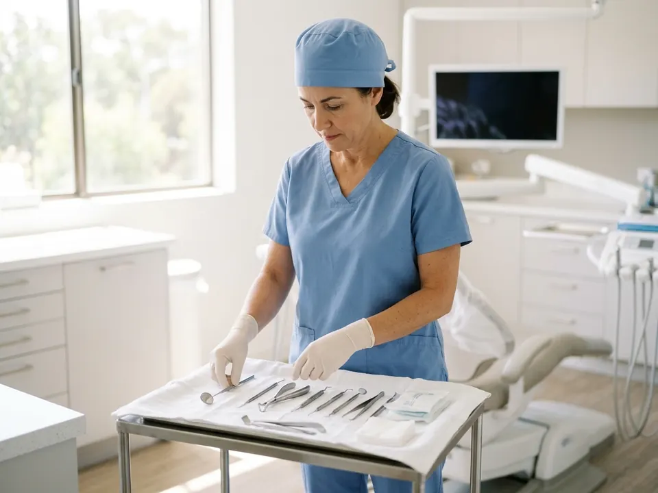 An oral surgeon preparing clean, sterile instruments in a modern dental examination room.