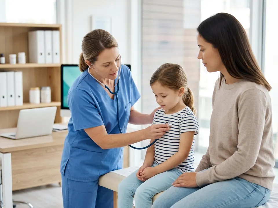 A pediatric cardiologist listening to a young patient's heartbeat with a stethoscope.