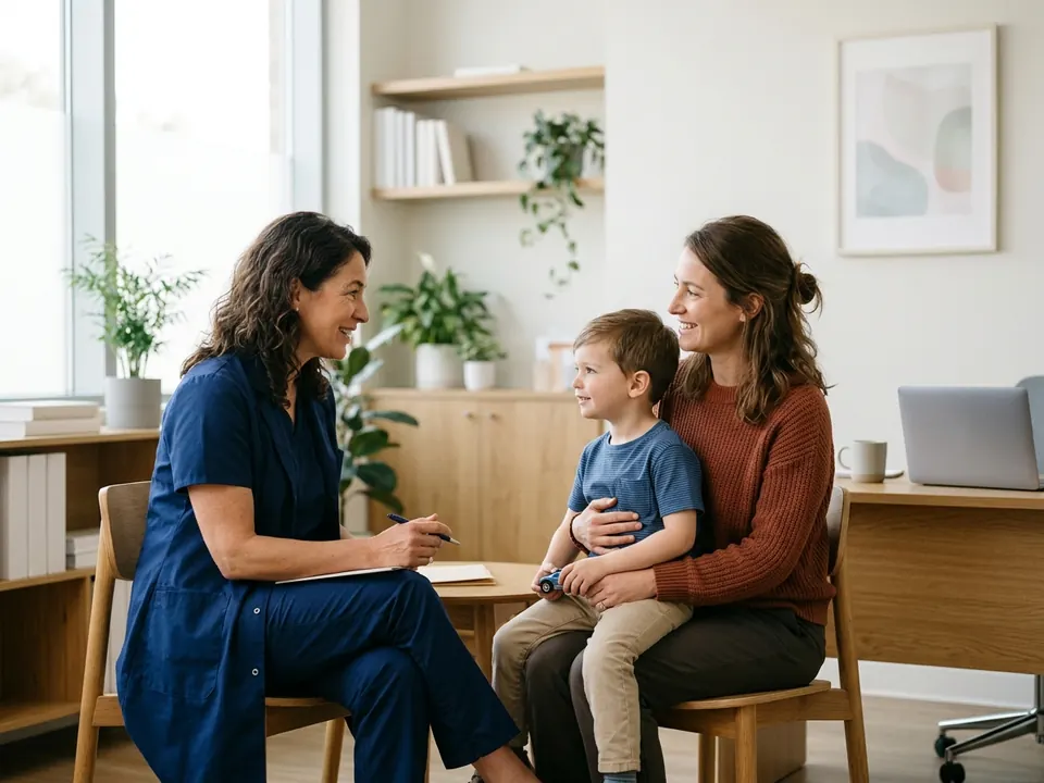 A pediatric gastroenterologist speaking warmly with a mother and child in a modern clinic.