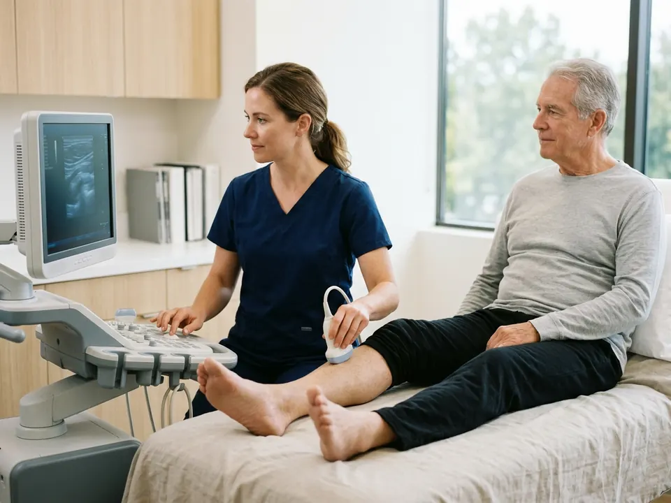 A vascular specialist performing a Doppler ultrasound exam on a patient's lower leg.