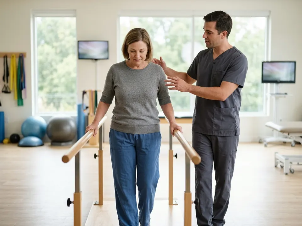 A patient practicing walking using parallel bars with the support of a physical therapist.
