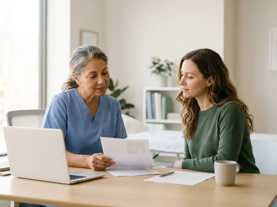 A gynecologist reviewing reproductive hormone test results with a patient in her office.