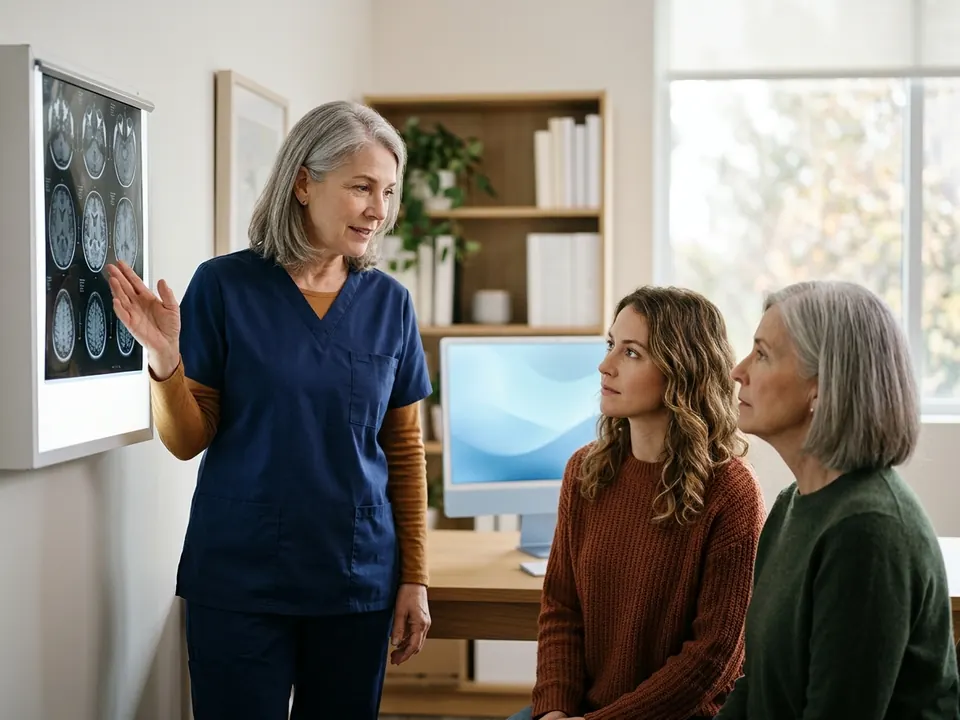 A doctor explaining ocular scan results to adult family members in a hospital consultation room.