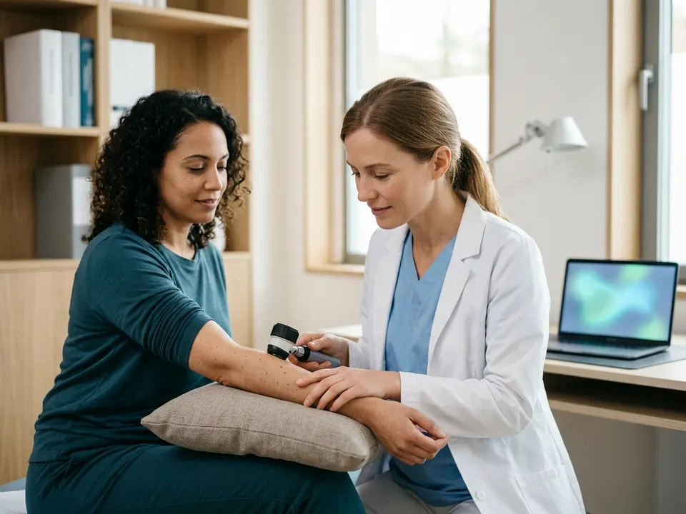 A dermatologist examining a patient's arm skin with a handheld dermatoscope tool.