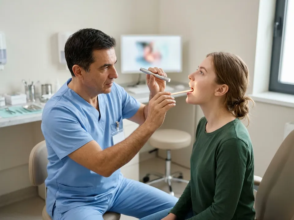 An ENT specialist conducting an upper airway examination on a patient in an examination room.