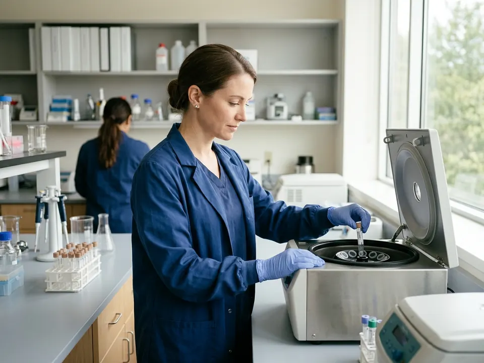 A lab technician operating a centrifuge in a modern medical laboratory setup.
