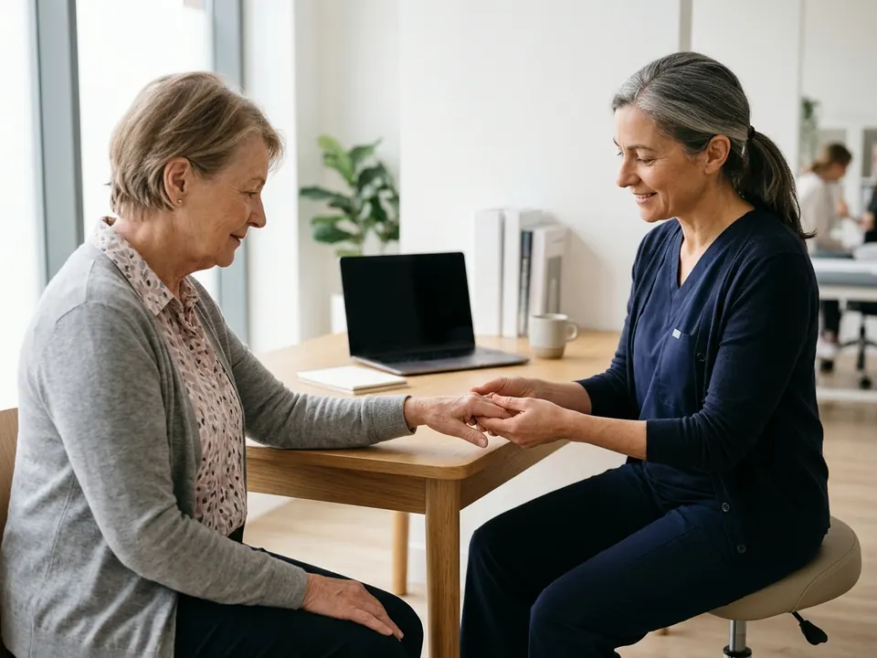 A physician examining the joints of a patient's hand during a clinic consultation.