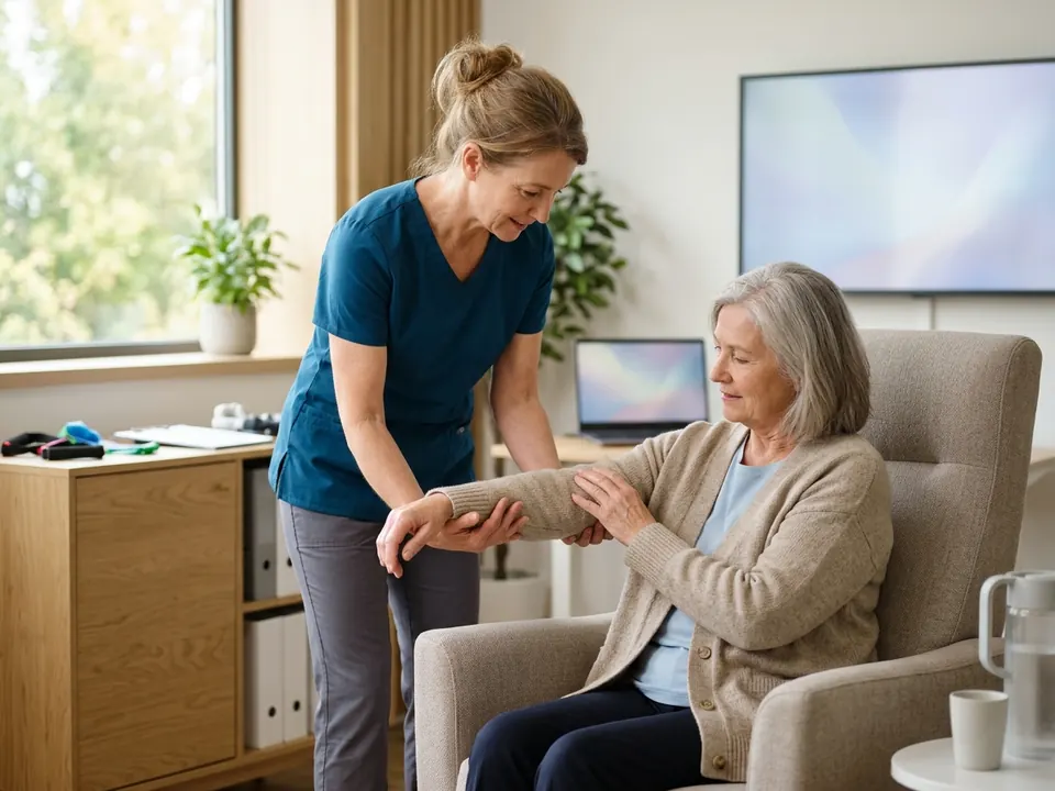 A physical therapist guiding a stroke patient through mobility exercises.