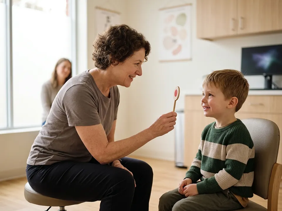 A pediatric ophthalmologist using a penlight during an eye alignment test.