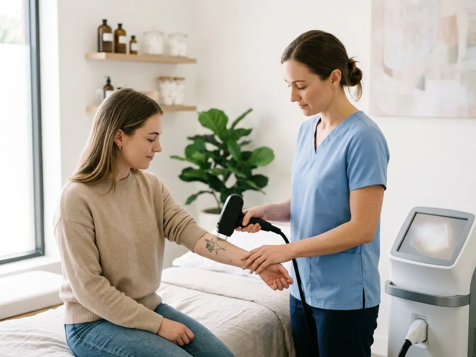 A clinician holding a tattoo removal laser handpiece near a patient's arm.