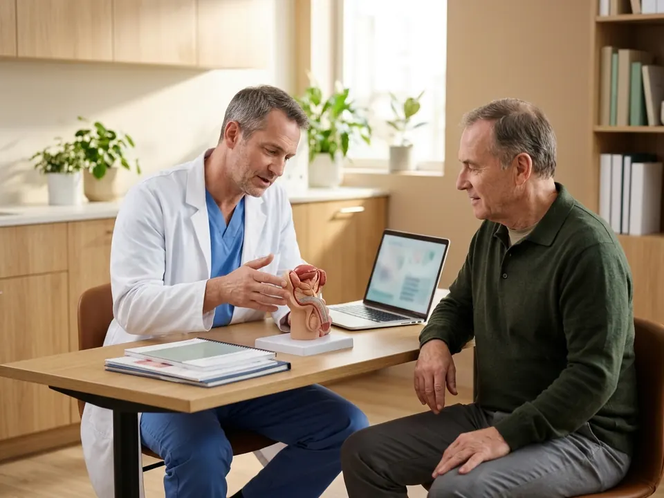 A urologist discussing treatment options with a male patient using a medical anatomical model.