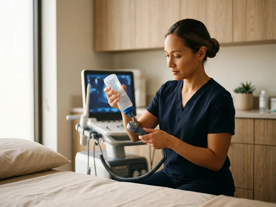 A sonographer performing a gentle abdominal ultrasound exam on a patient.