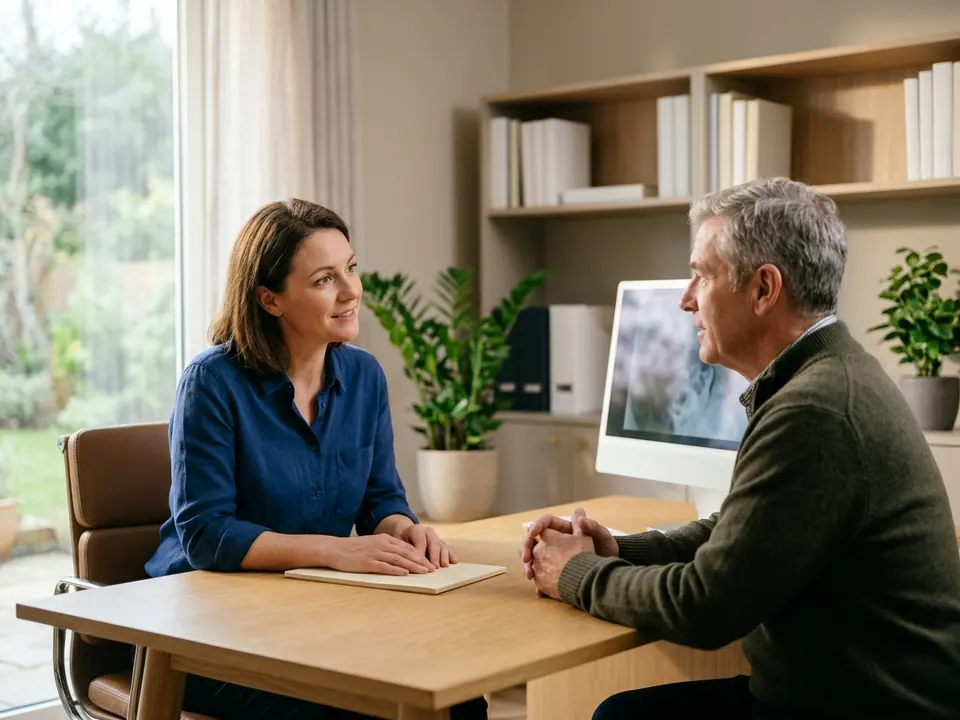 A urology doctor discussing a procedure with a male patient in a modern clinical office.