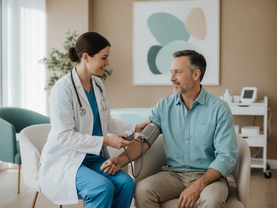 A doctor taking a patient's blood pressure during a check-up