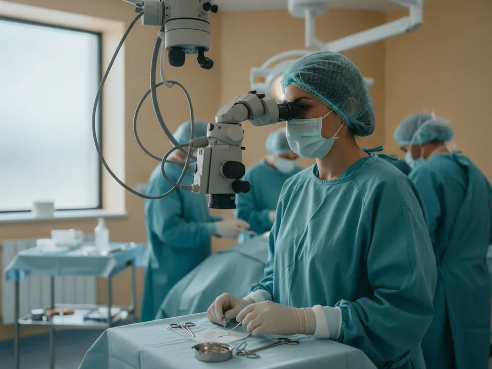A neurosurgeon operating with a surgical microscope